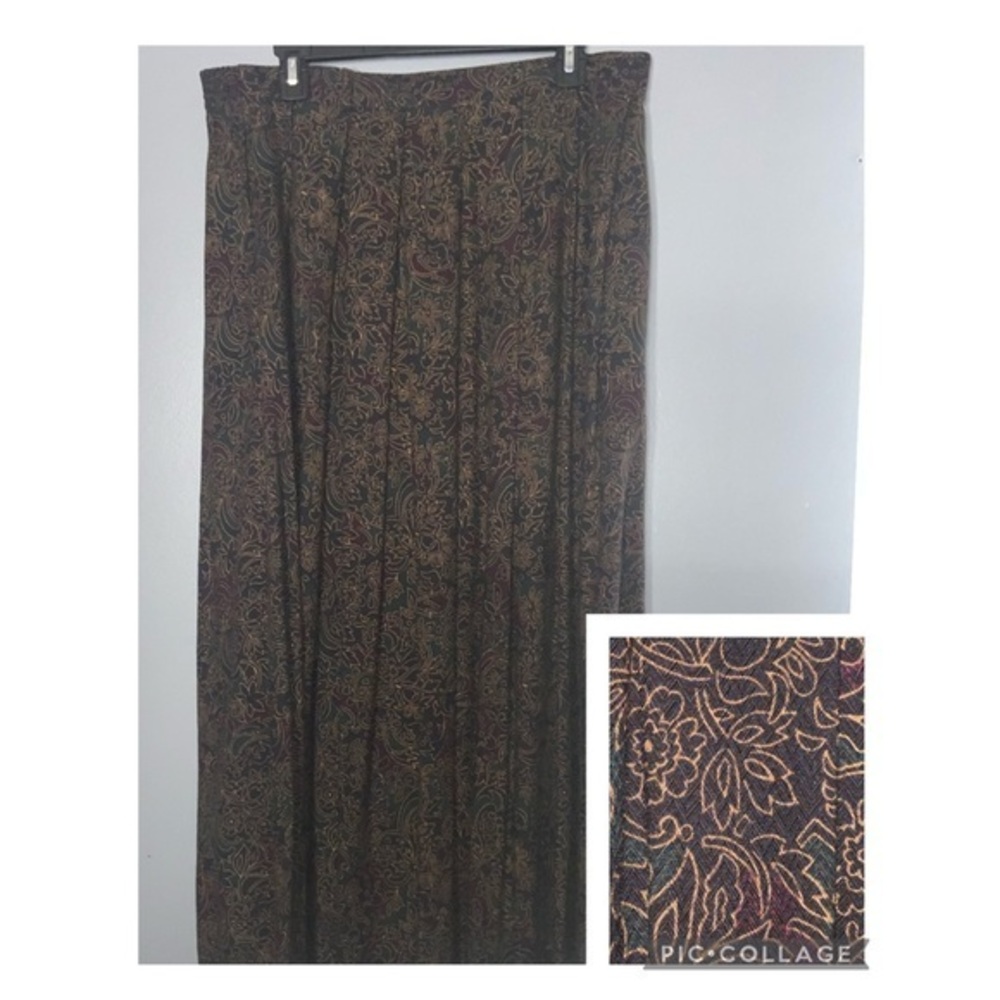 Sag Harbor Vintage Pull On Pleated Midi Skirt Plum Green & Gold Print Pockets Lg